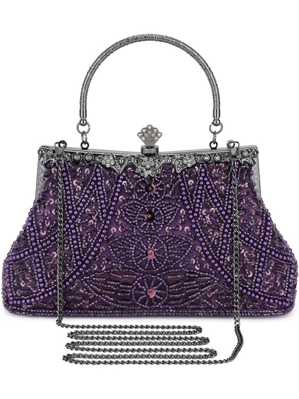 Women's Purple Beaded Vintage Rhinestone Bridal Clutch Formal Purse Evening Bag